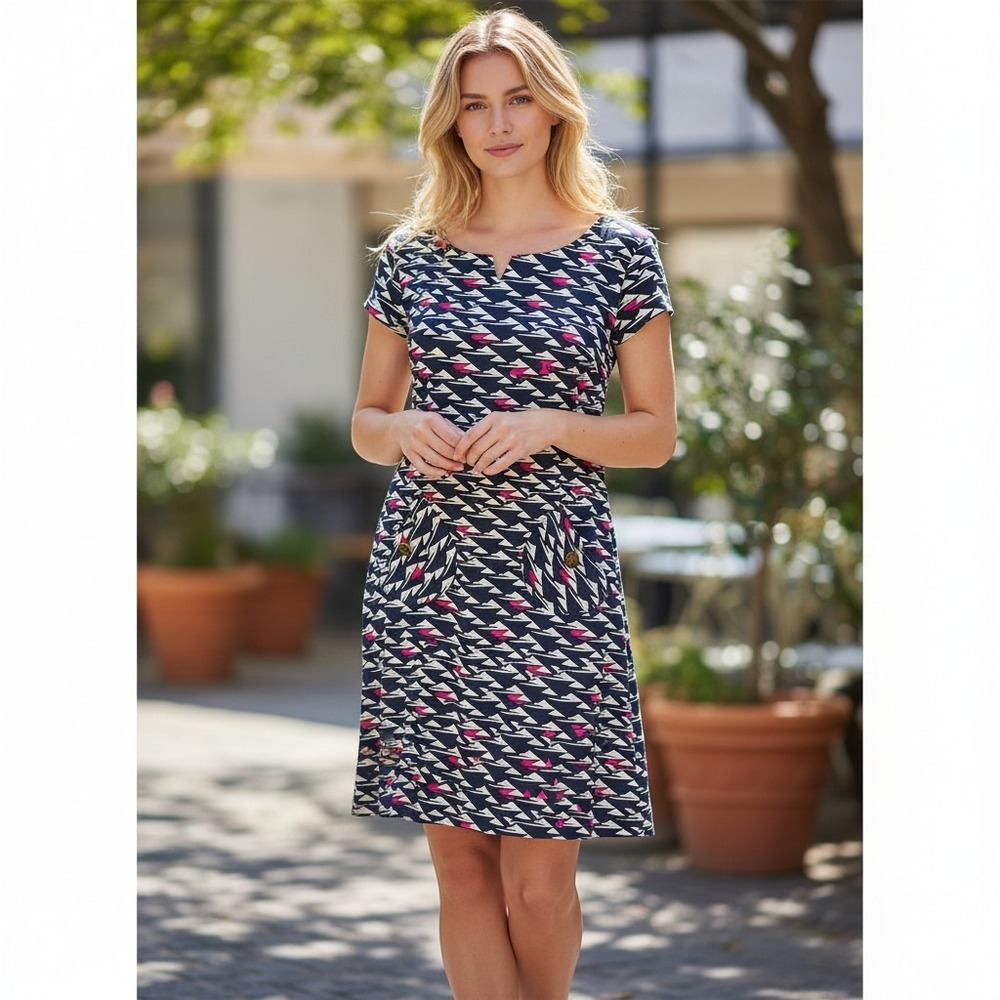 Vtg Maggy L Sheath Dress Womens 6 Navy Blue Geometric Nautical 1122